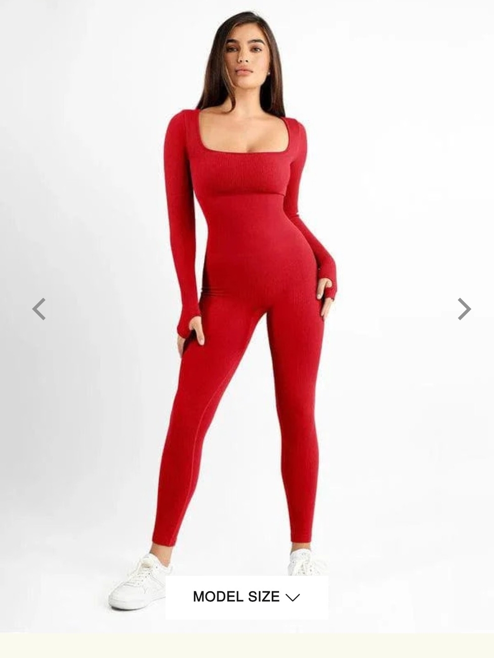 Populish Square-Neck Red Ribbed Long-Sleeve Jumpsuit Sucks Your Waist In Size L